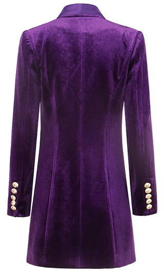 Royal Highness <br><span>Purple Velvet Long Sleeve Satin Lapel Gold Button Double Breasted Blazer Jacket Mini Dress</span>