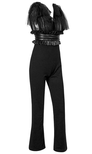 Evening In Paris Black Sleeveless Tulle Mesh Faux Leather Ruffle Belt Plunge V Neck High Waist Straight Leg Jumpsuit