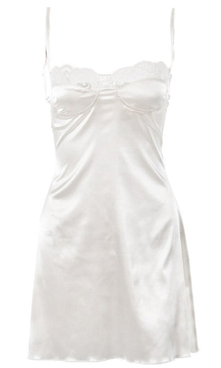 Bedside Manner <br><span>White Satin Lace Trim Sleeveless Spaghetti Strap Cut Out Back Mini Slip Dress</span>