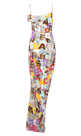 Finally Mine Multicolor Sequin Letter Pattern Sleeveless Off The Shoulder Cut Out Side Slit Maxi Dress