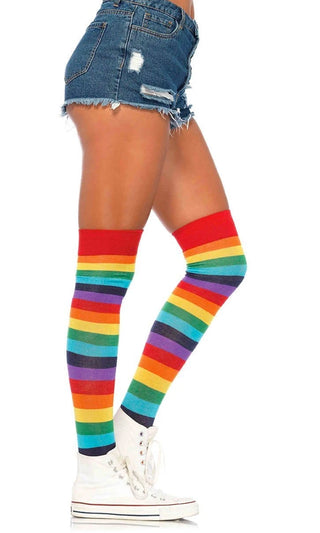 Ready For Pride <br><span>Multicolor Rainbow Stripe Pattern Thigh High Stockings Tights Hosiery</span>