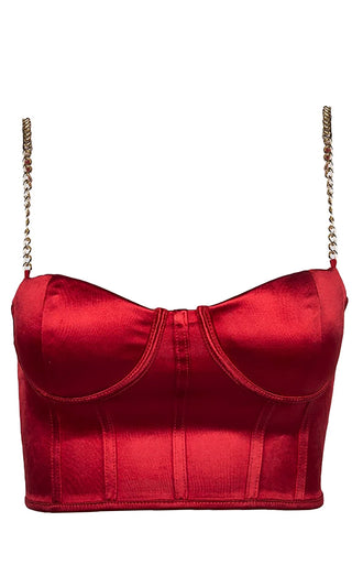 Take It Off Red Satin Sleeveless Chain Strap Padded Bustier Crop Tank Top