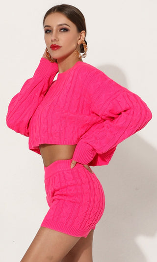Bust A Move <br><span>Neon Pink Long Sleeve Crew Neck Crop Top Pullover Sweater And Shorts Two Piece Lounge Romper Set</span>
