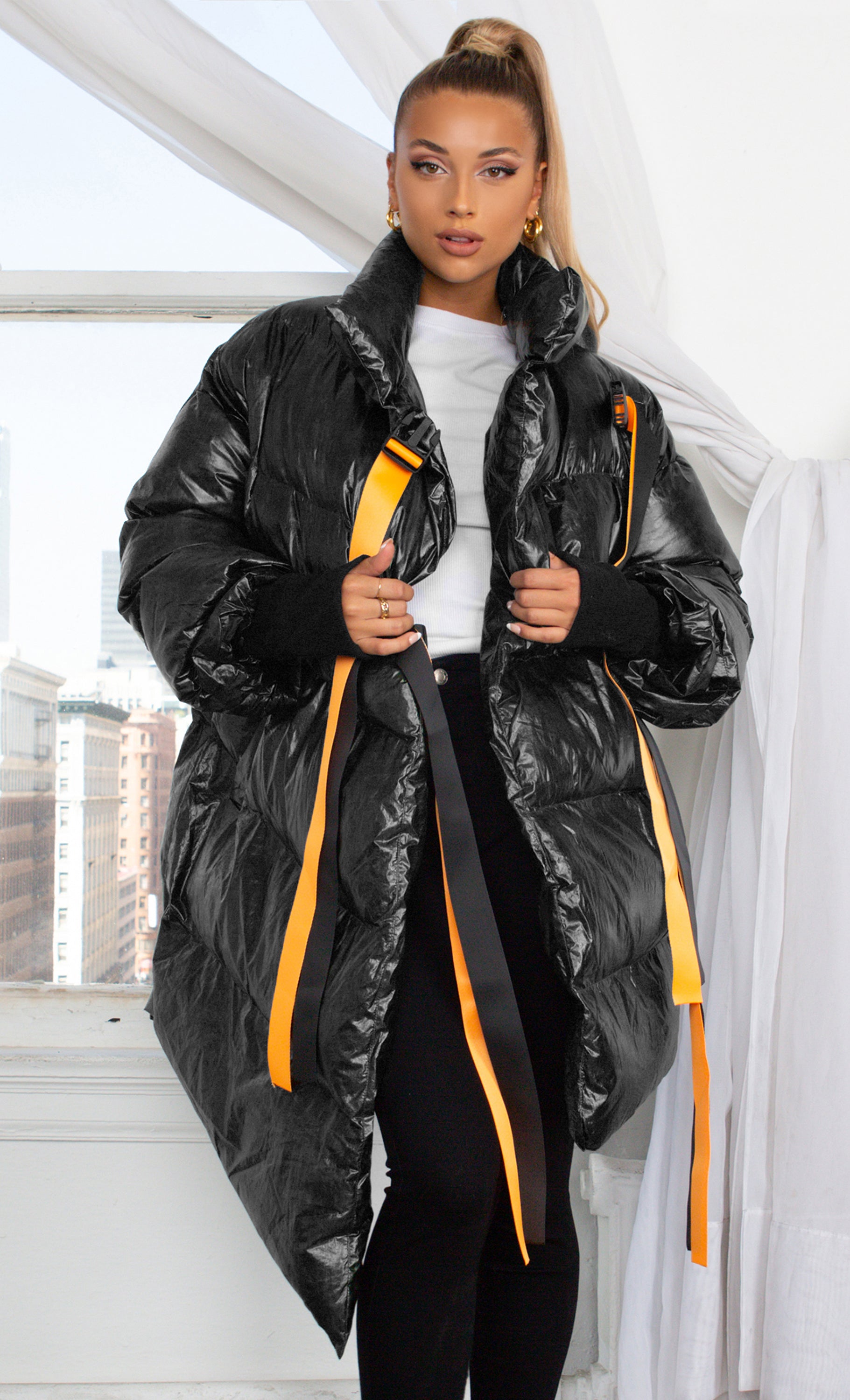 Armored Up , Black Long Sleeve Down Quilted Oversized Ribbon Trim  Asymmetric Puffy Winter Coat Outerwear