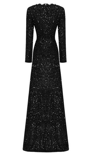 Mysterious Ways <br><span>Black Sequin Beaded Sheer Mesh Long Sleeve Plunge V Neck High Slit Maxi Dress</span>