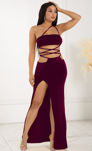 Love Myself Unconditionally Burgundy Purple Two Piece One Shoulder Casual Lace Up Wrap Cut Out Slit Front Maxi Dress