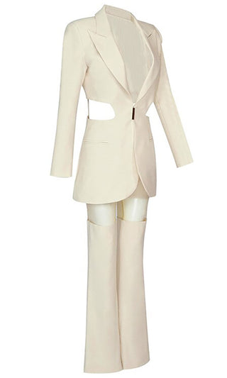 Cutting Edge <br><span>Beige Long Sleeve Side Cut Out Blazer Jacket Sheer Mesh Pant Two Piece Jumpsuit Set</span>