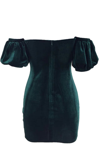 Up To The Minute Emerald Green Velvet Short Puff Sleeve Off The Shoulder V Neck Bodycon Mini Dress
