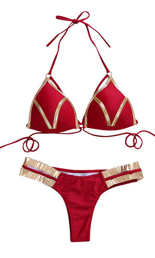 Sunset Romance <br><span>Red Gold Spaghetti Strap Halter Bra Top Cut Out Two Piece Strappy Bikini Swimsuit </span>