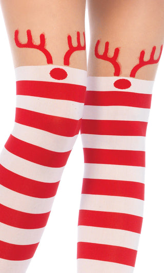Hot Holiday<br><span> Red White Horizontal Stripe Pattern Reindeer Tights Stockings Hosiery</span>