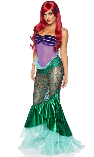 Seaside Hideaway <br><Span>Purple Green Sleeveless Clear Strap Sheer Mesh Glitter Mermaid Maxi Dress 3 Piece Halloween Costume</span>