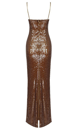 Fashion Icon <br><span>Brown Sequin Flower Floral Rosette Spaghetti Strap Bodycon Maxi Dress - Inspired by Hailey Beiber</span>