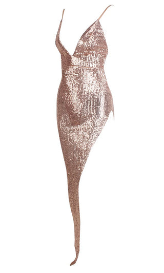 First Look Champagne Sequin Sleeveless Spaghetti Strap V Neck High Cut Maxi Dress