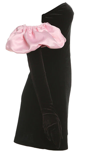All Puffed Up Pink Black Velvet Strapless Straight Neck Long Sleeve Gloves Contrast Puffs Bodycon Mini Ddress