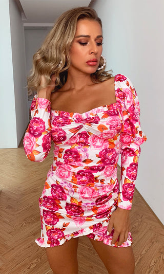 Kiss Me Twice White Pink Rose Floral Pattern Long Sleeve Ruffle Puff Shoulder V Neck Bodycon Mini Dress