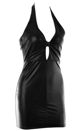 Rock This Joint <br><span>Black Pu Faux Leather Sleeveless Plunge V Neck Halter Cut Out Bodycon Mini Dress</span>