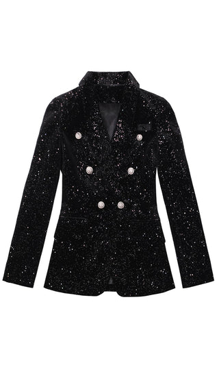 Reliable Sources Black Glitter Silver Stars Long Sleeve V Neck Button Blazer Jacket Outerwear