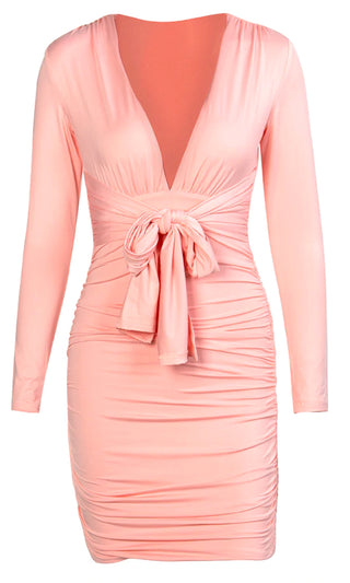 Heaven Sent Pink Long Sleeve Stretch Bodycon Ruched Tie Front Waist V Neck Mini Dress