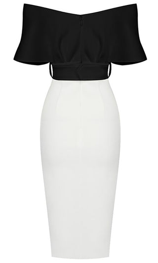 Perfectly Posh Black White Elbow Sleeve Cross Wrap V Neck Off The Shoulder Belted Bodycon Midi Dress