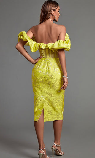 Lemonade Kisses <br><span>Yellow Off The Shoulder Ruffle Sleeve Bustier Bodycon Midi Dress</span>