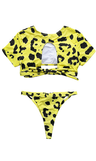 It's My Time <br><span>Yellow Leopard Two Piece Bandage Short Sleeve Crop Top Cut Out Tie Thong Bikini Swimsuit <span>