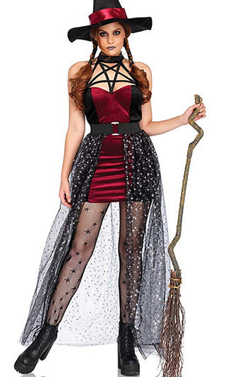 Bewitching Hour <br><span>Black Red Sleeveless Mock Neck Cut Out Star Pattern Maxi Dress Witch Costume</span>