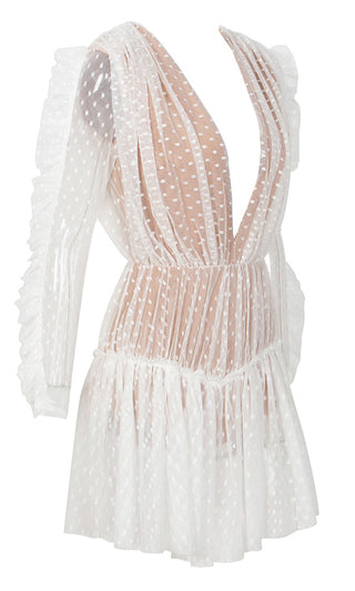 Sweet Vixen White Sheer Mesh Swiss Dot Lace Long Sleeve Ruched Plunge V Neck Ruffle Casual Mini Dress