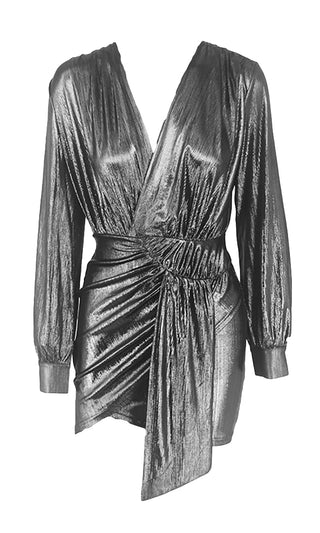 She's Got It All Silver Metallic Long Lantern Sleeve Cross Wrap V Neck Ruched Wrap Tulip Bodycon Mini Dress - Sold Out