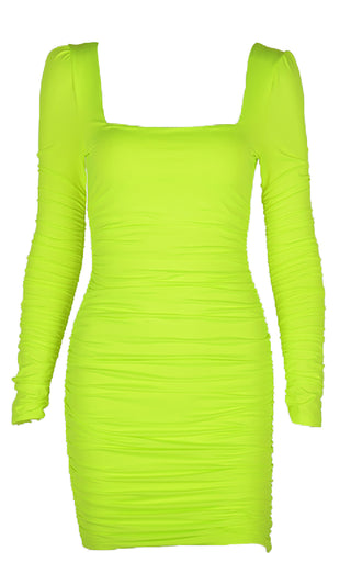 Change My Mind Neon Green Long Sleeve Square Neck Puff Shoulder Ruched Bodycon Mini Dress - 2 Colors Available