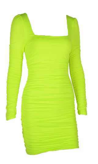 Change My Mind Neon Green Long Sleeve Square Neck Puff Shoulder Ruched Bodycon Mini Dress - 2 Colors Available