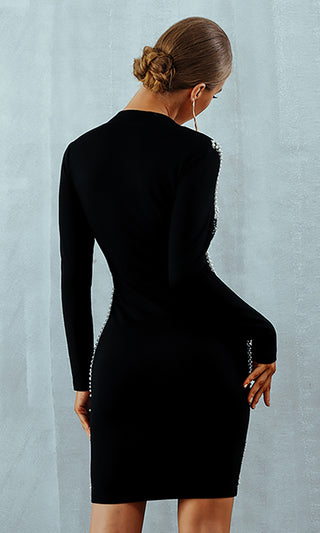Stack It Out Black Pearl Beading Geometric Pattern Long Sleeve Plunge V Neck Double Zip Bodycon Bandage Mini Dress
