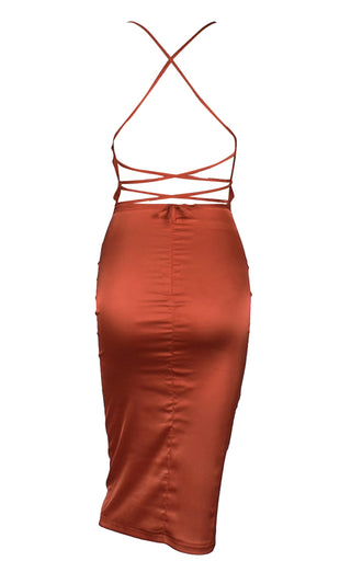 Watch Me Shine Orange Satin Sleeveless Spaghetti Strap Lace Up Backless Drape V Neck Bodycon Midi Dress