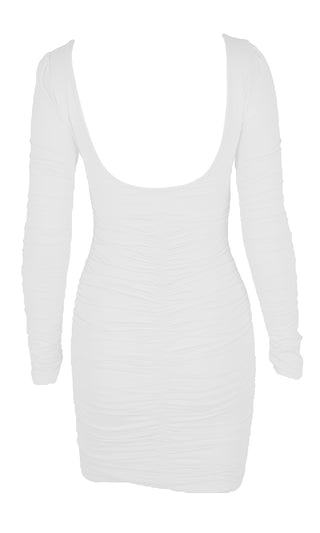 Change My Mind White Long Sleeve Square Neck Puff Shoulder Ruched Bodycon Mini Dress