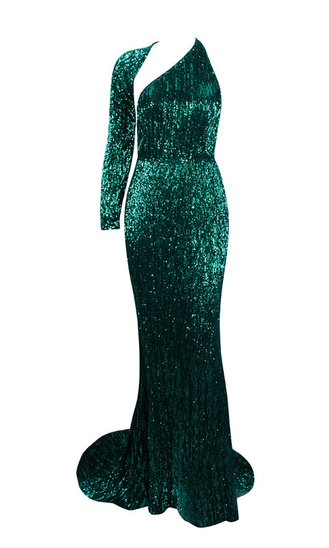 Hollywood Moment Green Sequin One Shoulder One Long Sleeve Backless ...