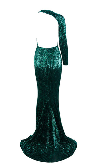 Hollywood Moment<br><span> Green Sequin One Shoulder One Long Sleeve Backless Mermaid Maxi Dress</span>
