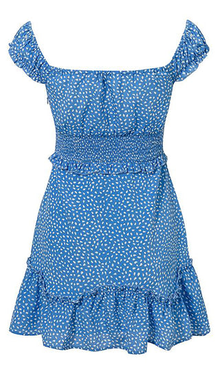 Hang Around Dot Pattern Short Sleeve Off The Shoulder V Neck Smocked Waist Ruffle Flare A Line Casual Mini Dress - 2 Colors Available
