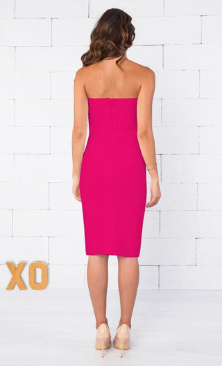 Indie XO Allison Fuchsia Pink Strapless Ribbed Texture Sweetheart Neck Bandage Bodycon Knee Length Midi Dress