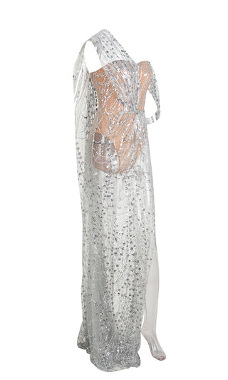 Endless Night <br><span>Silver Sheer Mesh Glitter Floral Pattern Sleeveless Draped Sleeve High Slit Maxi Dress</span>