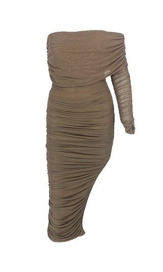 Full Of Fortune Light Brown Sheer Mesh Ruched Off The Shoulder One Long Sleeve Side Slit Bodycon Midi Dress - 4 Colors Available