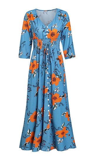 Daytime Drama Floral Pattern 3/4 Sleeve V Neck Button Smocked Casual A Line Maxi Dress