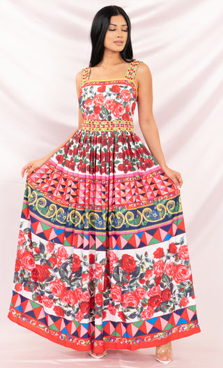 Dream Getaway Red Pink White Yellow Blue Floral Sleeveless Square Neck Print Beaded Accent Pleated Maxi Casual Dress