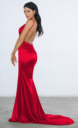Glowing Goddess Red Satin Sleeveless Spaghetti Strap Plunge V Neck Ruched Back Mermaid Maxi Dress