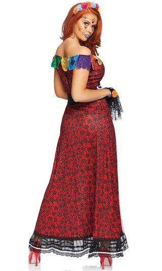 Queen Of Skulls <br><span>Red Cap Sleeve Off The Shoulder Lace Pattern Double Slit Maxi Dress Halloween Costume</span>