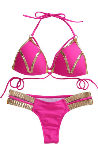 Sunset Romance <br><span>Blue Gold Spaghetti Strap Halter Bra Top Cut Out Two Piece Strappy Bikini Swimsuit </span>