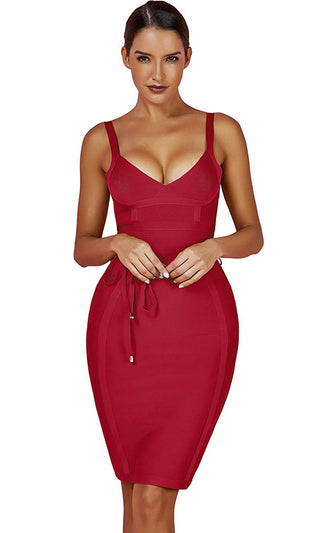 No Time To Waste Maroon Red Burgundy Sleeveless V Neck Tie Waist Bodycon Bandage Mini Dress