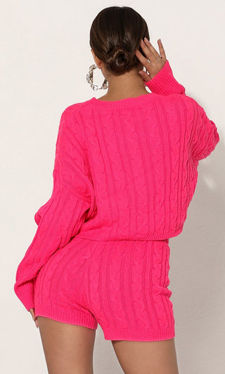 Bust A Move <br><span>Neon Pink Long Sleeve Crew Neck Crop Top Pullover Sweater And Shorts Two Piece Lounge Romper Set</span>