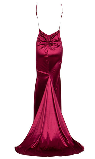 Hollywood Fantasy Apricot Satin Sleeveless Spaghetti Strap V Neck Backless Ruched High Slit Mermaid Maxi Dress