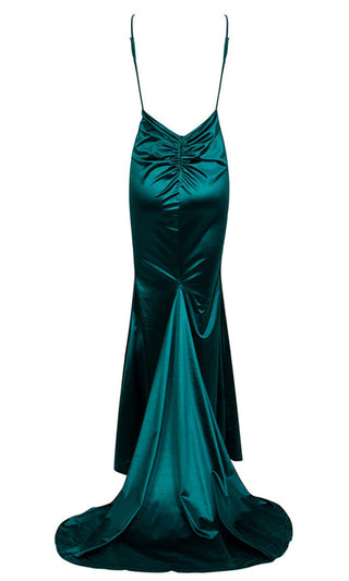 Hollywood Fantasy Emerald Green Satin Sleeveless Spaghetti Strap V Neck Backless Ruched High Slit Mermaid Maxi Dress