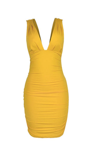 Play The Game Yellow Sleeveless Plunge V Neck Low Back Ruched Bodycon Mini Dress