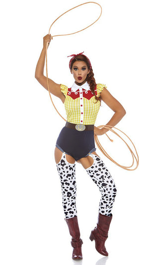 Cutest Cowgirl <br><span>Yellow Plaid Pattern Ruffle Cap Sleeve Romper Cut Out Cow Print Leggings Halloween Costume</span>